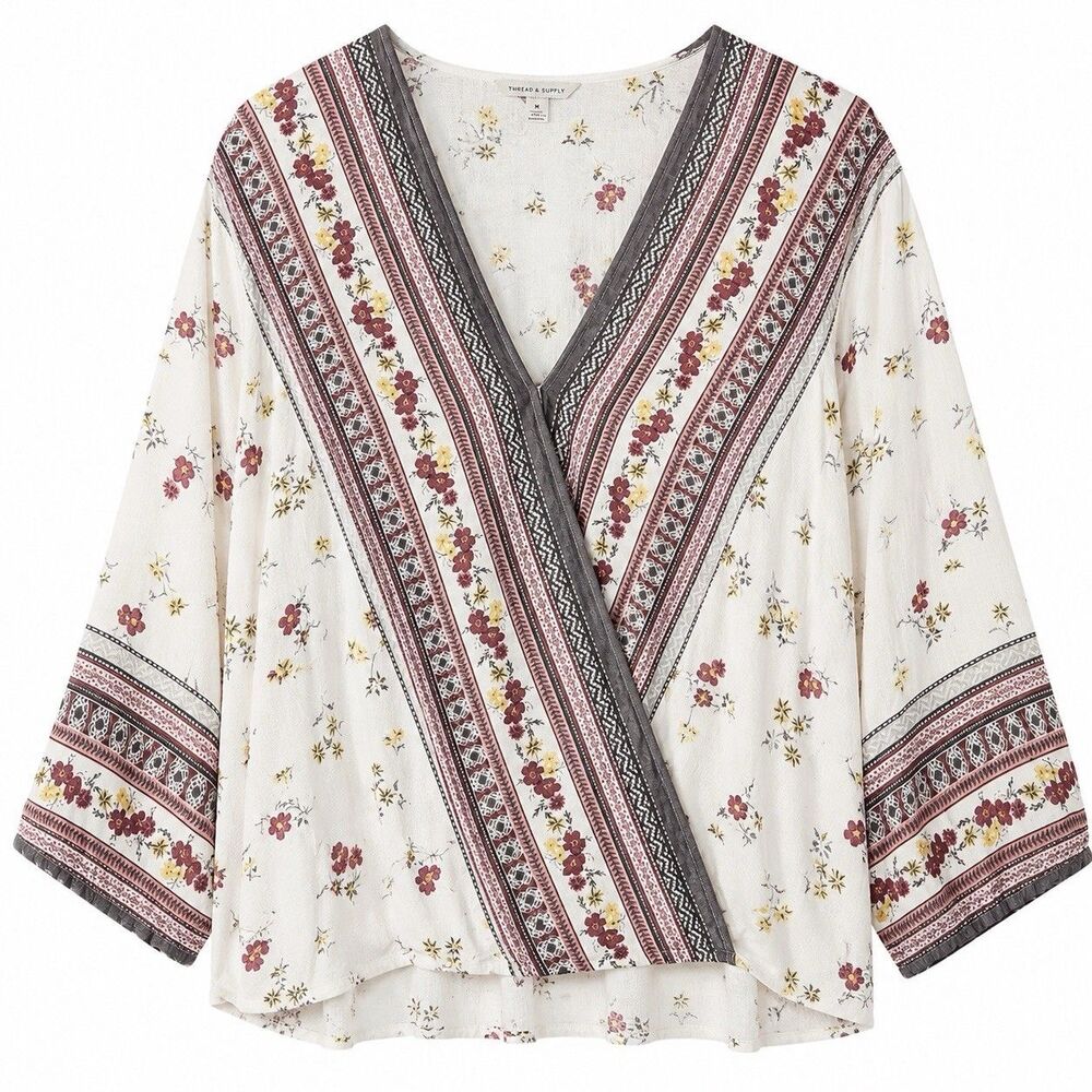 EST 1946 Floral Boho Peasant Blouse XL Rayon Wrap Look V Neck Cottagecore Top - Picture 2 of 8